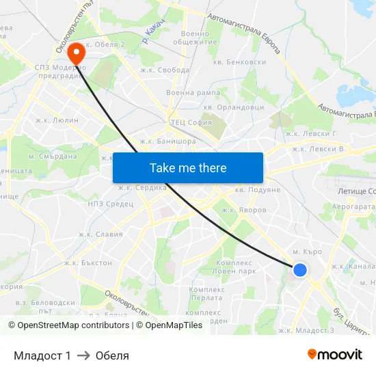 Младост 1 to Обеля map