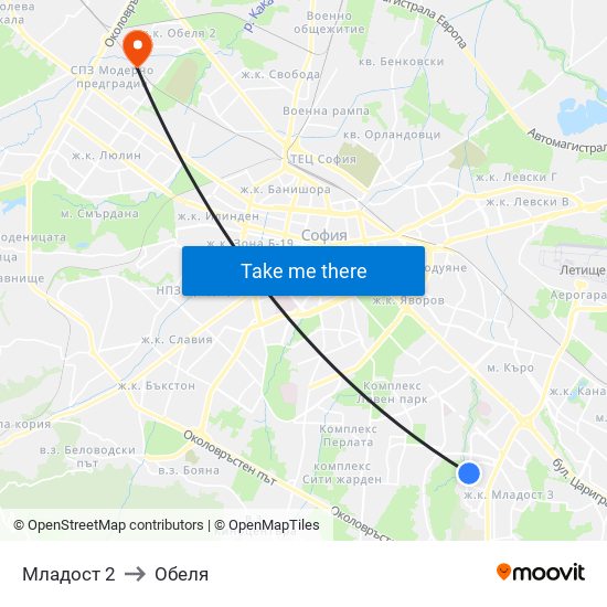 Младост 2 to Обеля map