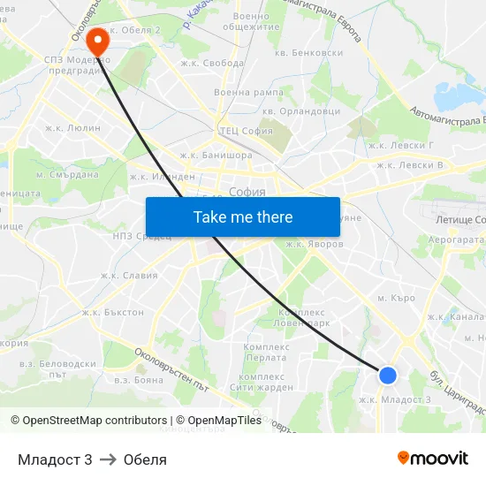 Младост 3 to Обеля map