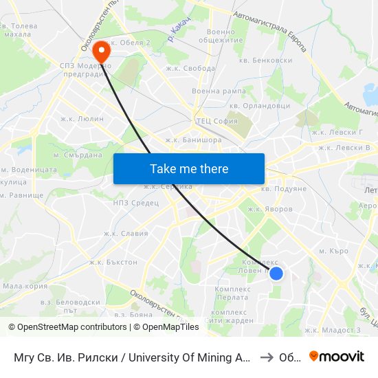 Мгу Св. Ив. Рилски / University Of Mining And Geology (1033) to Обеля map