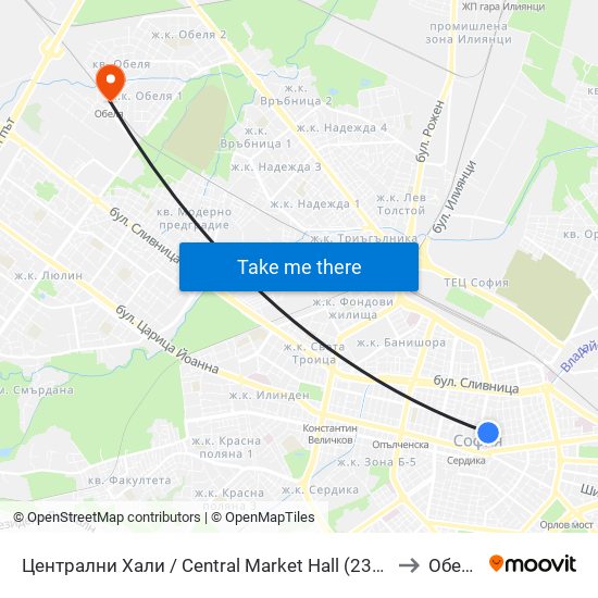 Централни Хали / Central Market Hall (2334) to Обеля map