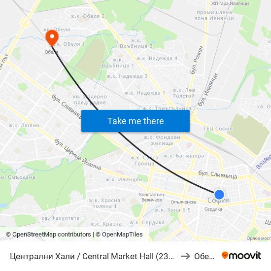 Централни Хали / Central Market Hall (2337) to Обеля map