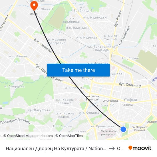Национален Дворец На Културата / National Palace Of Culture (1134) to Обеля map