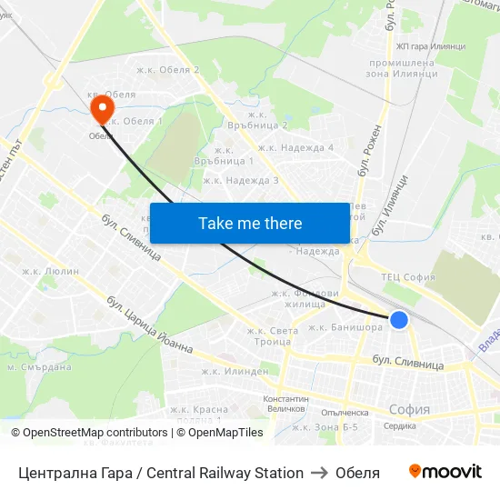 Централна Гара / Central Railway Station to Обеля map