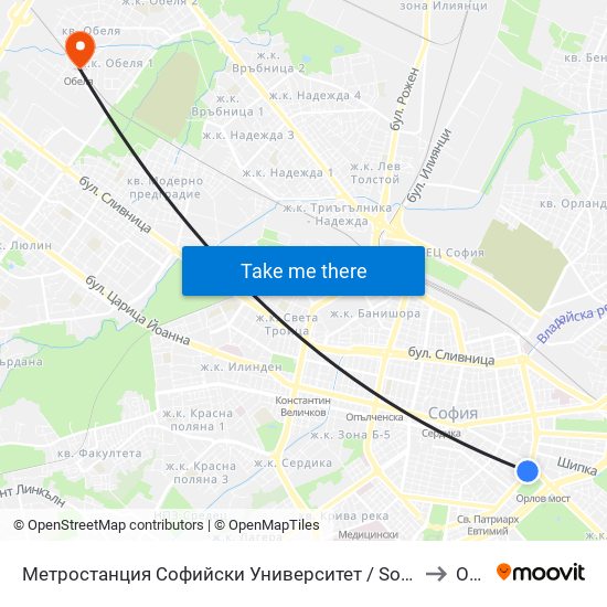 Метростанция Софийски Университет / Sofia University Metro Station (2827) to Обеля map