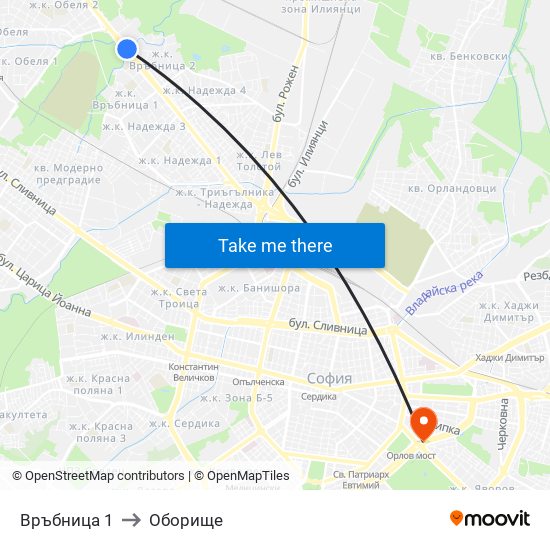 Връбница 1 to Оборище map