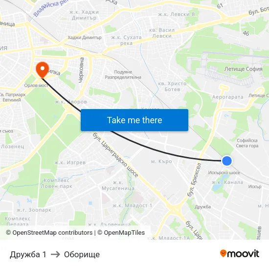 Дружба 1 to Оборище map