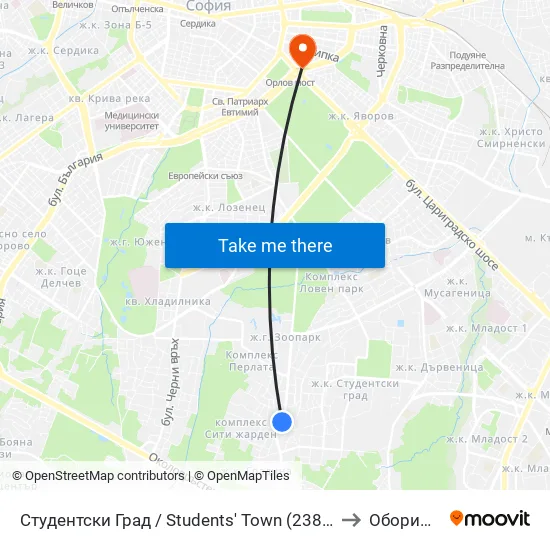 Студентски Град / Students' Town (2382) to Оборище map