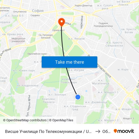 Висше Училище По Телекомуникации / University Of Telecommunications And Post (1396) to Оборище map