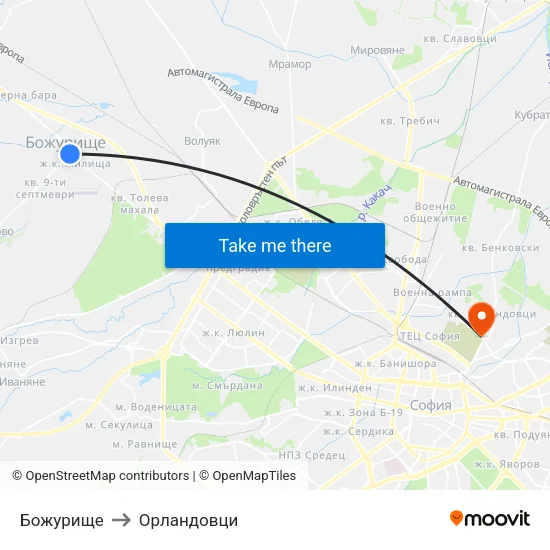 Божурище to Орландовци map