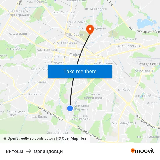 Витоша to Орландовци map