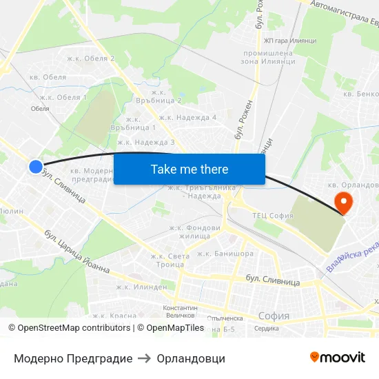 Модерно Предградие to Орландовци map
