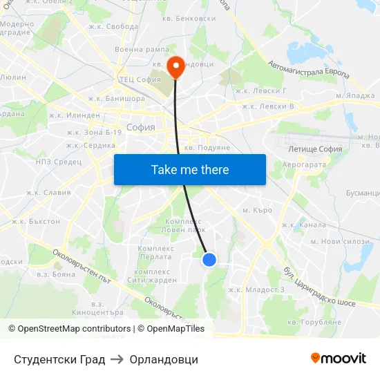 Студентски Град to Орландовци map