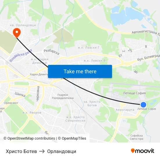 Христо Ботев to Орландовци map