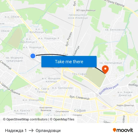 Надежда 1 to Орландовци map