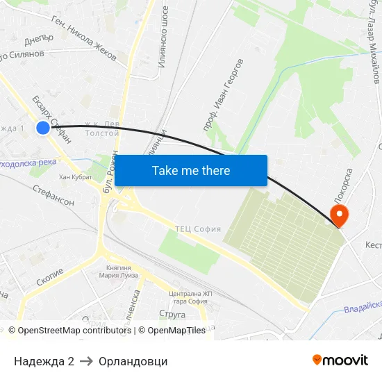 Надежда 2 to Орландовци map