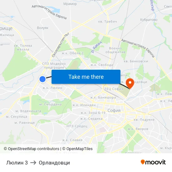 Люлин 3 to Орландовци map