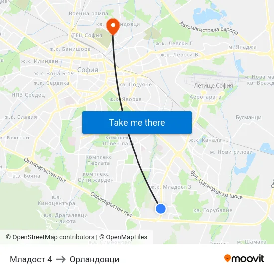Младост 4 to Орландовци map