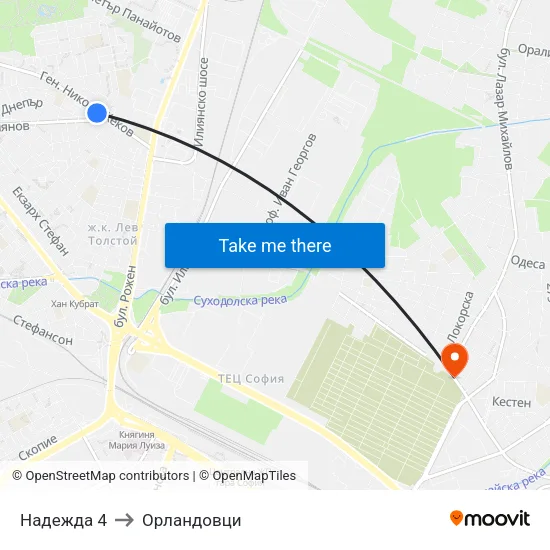 Надежда 4 to Орландовци map