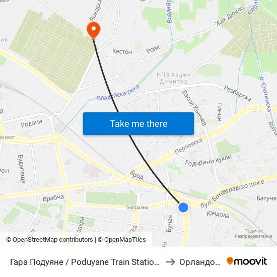Гара Подуяне / Poduyane Train Station (0468) to Орландовци map