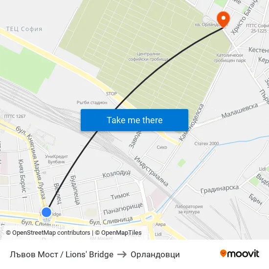 Лъвов Мост / Lions' Bridge to Орландовци map