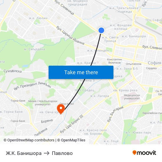 Ж.К. Банишора to Павлово map