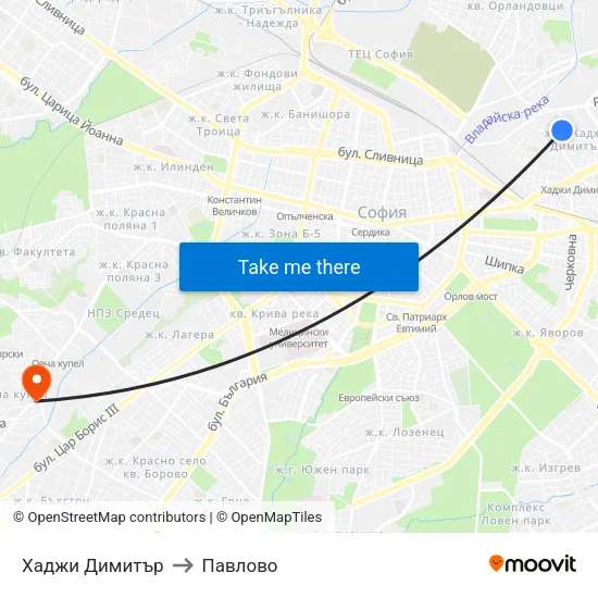 Хаджи Димитър to Павлово map