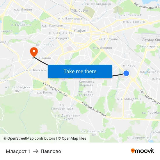 Младост 1 to Павлово map