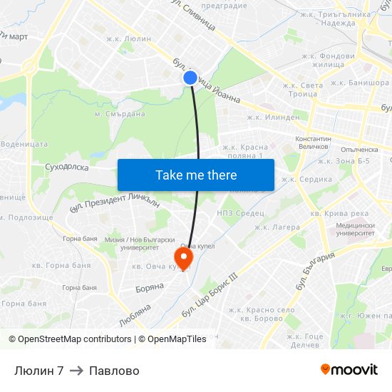 Люлин 7 to Павлово map