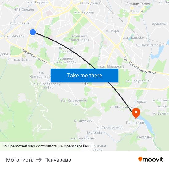 Мотописта to Панчарево map