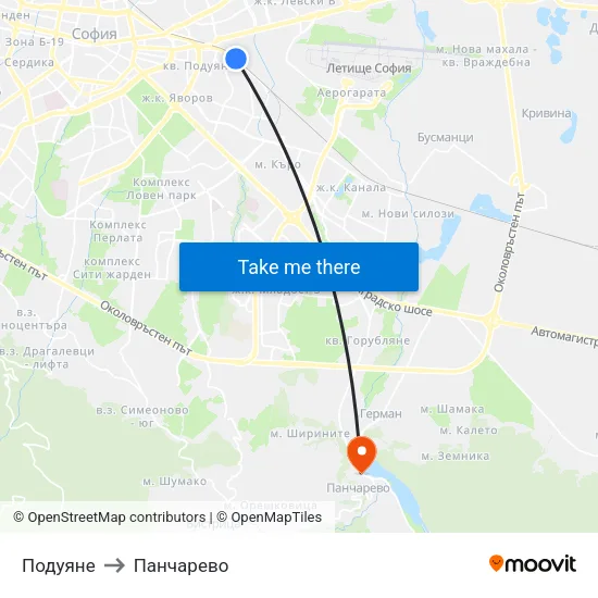 Подуяне to Панчарево map