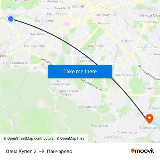 Овча Купел 2 to Панчарево map