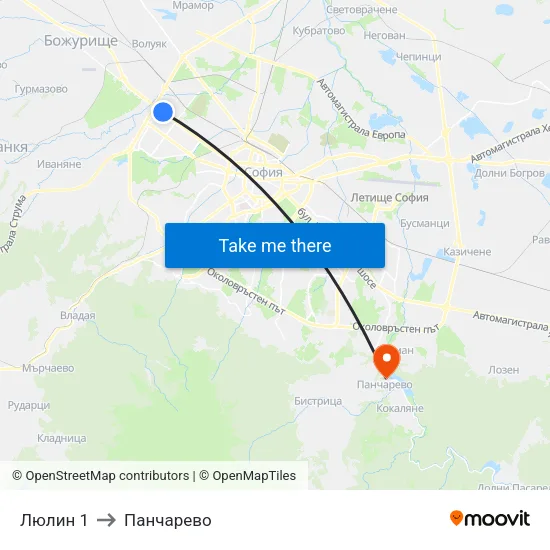 Люлин 1 to Панчарево map