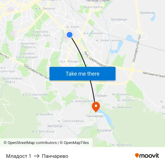 Младост 1 to Панчарево map
