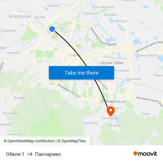 Обеля 1 to Панчарево map