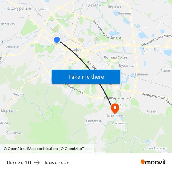 Люлин 10 to Панчарево map