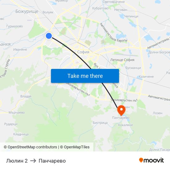 Люлин 2 to Панчарево map