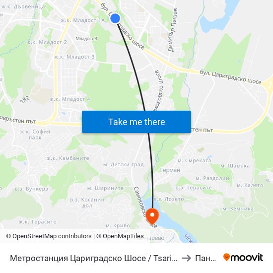 Метростанция Цариградско Шосе / Tsarigradsko Shosse Metro Station (1016) to Панчарево map