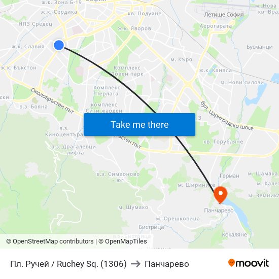 Пл. Ручей / Ruchey Sq. (1306) to Панчарево map