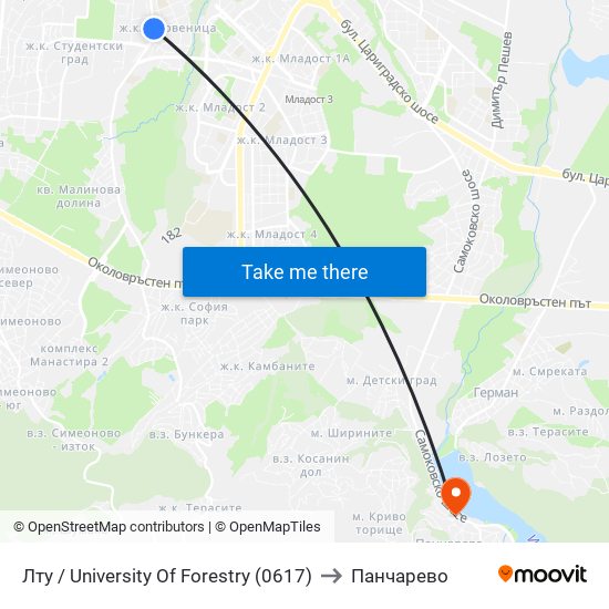 Лту / University Of Forestry (0617) to Панчарево map