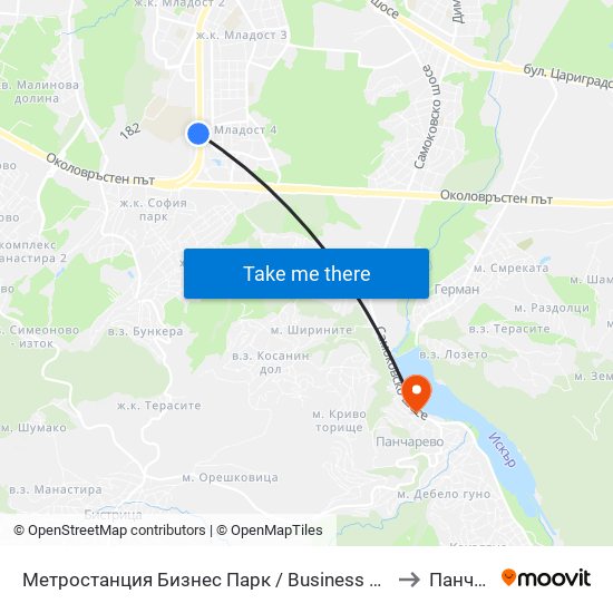 Метростанция Бизнес Парк / Business Park Metro Station (2490) to Панчарево map