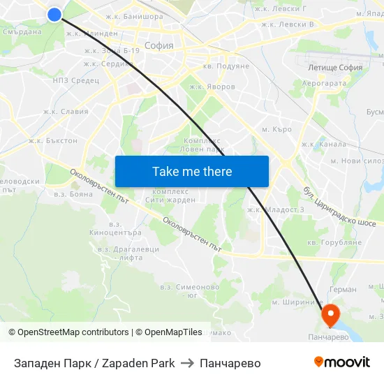 Западен Парк / Zapaden Park to Панчарево map