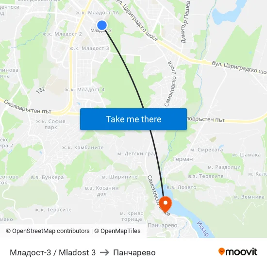Младост 3 / Mladost 3 to Панчарево map