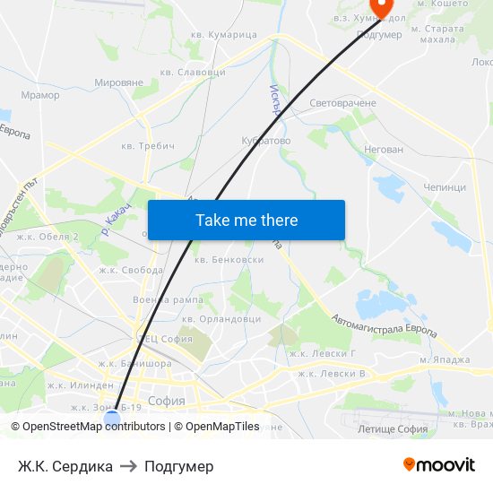Ж.К. Сердика to Подгумер map