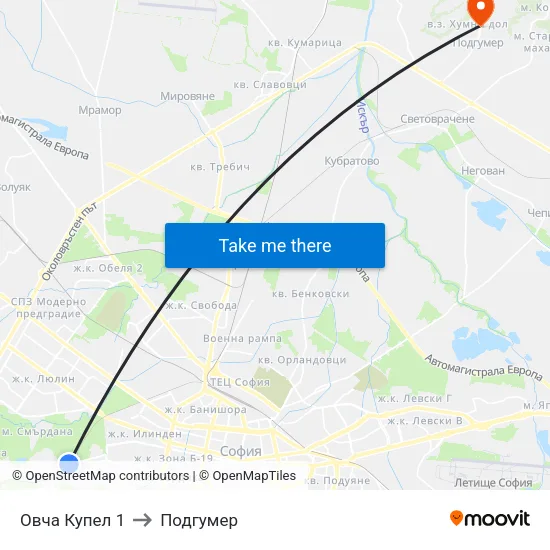 Овча Купел 1 to Подгумер map
