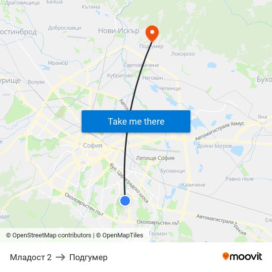 Младост 2 to Подгумер map