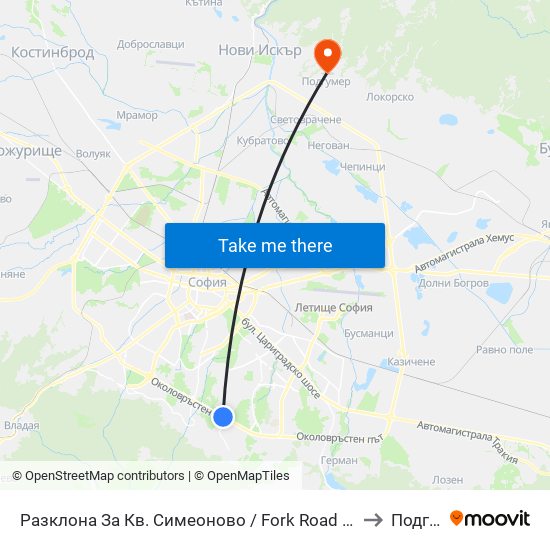 Разклона За Кв. Симеоново / Fork Road To Simeonovo Qr. (1458) to Подгумер map