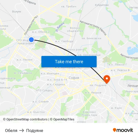 Обеля to Подуяне map
