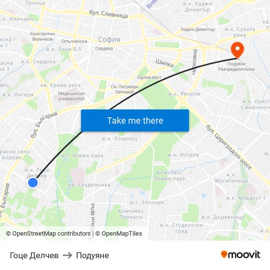 Гоце Делчев to Подуяне map