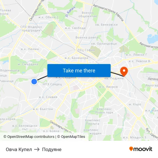 Овча Купел to Подуяне map
